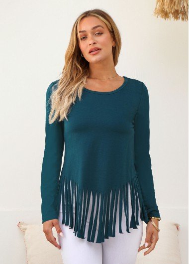 Tassel Solid Long Sleeve Round Neck T Shirt