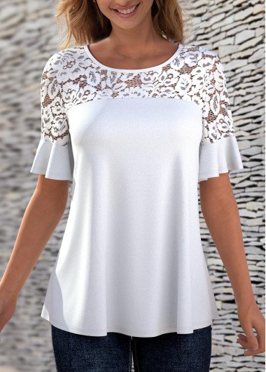 Lace Stitching Solid Round Neck T Shirt