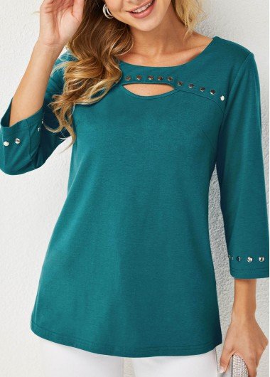 Cutout Front Round Neck 3/4 Sleeve T Shirt