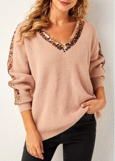 Khaki Sequin Long Sleeve V Neck Sweater