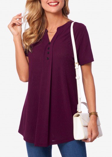 Solid Deep Purple Short Sleeve Split Neck T Shirt