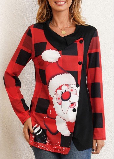 Decorative Button Christmas Print Long Sleeve T Shirt