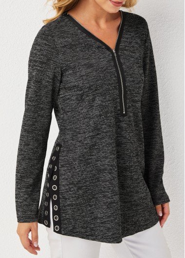 Quarter Zip Long Sleeve V Neck Eyelet Sweatshirt