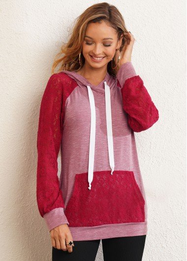 Kangaroo Pocket Lace Stitching Drawstring Hoodie