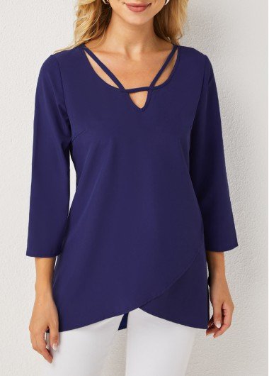 Crossover Hem 3/4 Sleeve Asymmetric Neck T Shirt