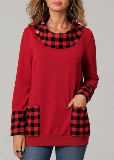 Christmas Plaid Long Sleeve Red Pocket Sweatshirt