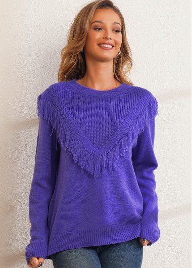 Tassel Solid Long Sleeve Round Neck Sweater