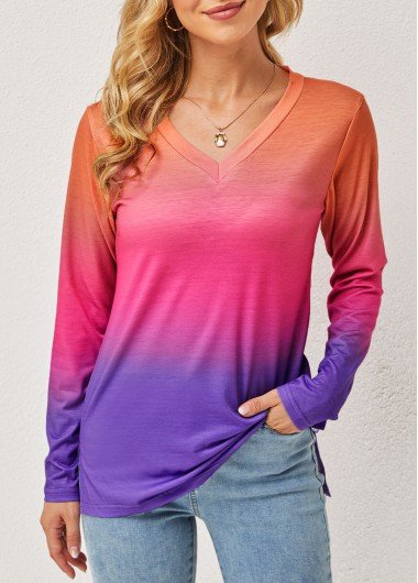 Ombre Long Sleeve V Neck T Shirt