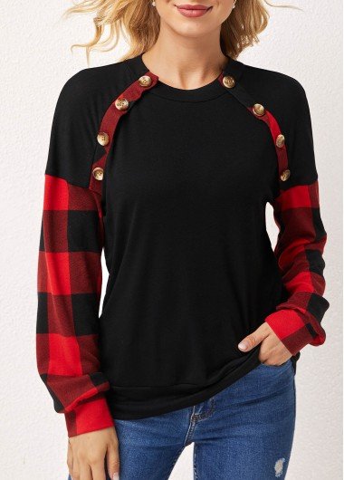 Decorative Button Plaid Long Sleeve Round Neck Sweatshirt