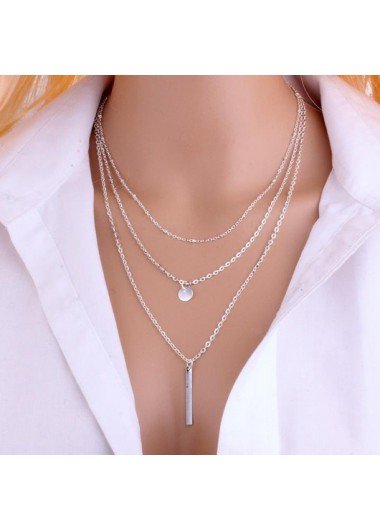 Silver Layered Design Metal Bar Pendant Necklace