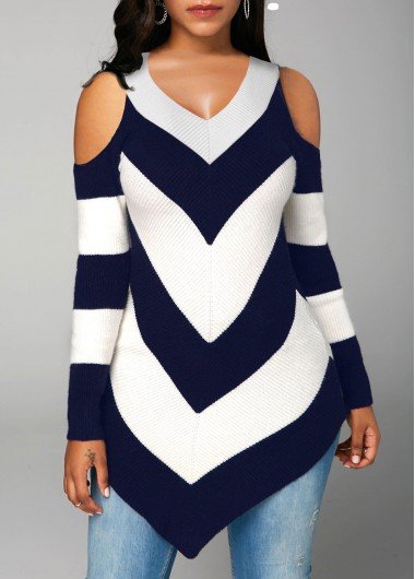 Chevron Print Cold Shoulder V Neck Sweater