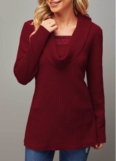 Wine Red Lace Patchwork Long Sleeve Valentines Sweatshirt