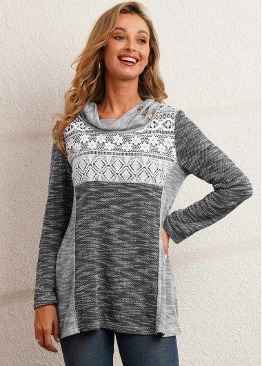 Grey Lace Patchwork Contrast Color Long Sleeve Sweatshirt