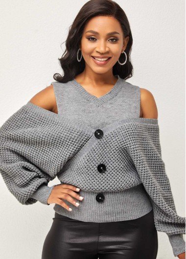 Decorative Button Faux Two Piece Cold Shoulder Sweater