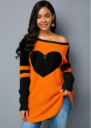 Long Sleeve Heart Design Contrast Sweater