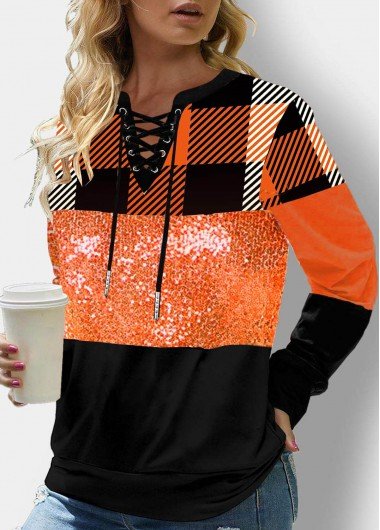 Plaid Orange Lace Up Sequin Sweatshirt