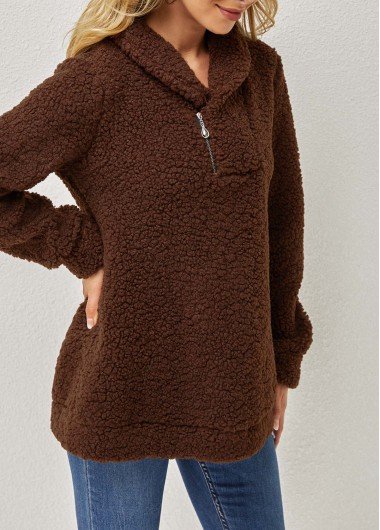 Plush Quarter Zip Turndown Collar Sweatshirt