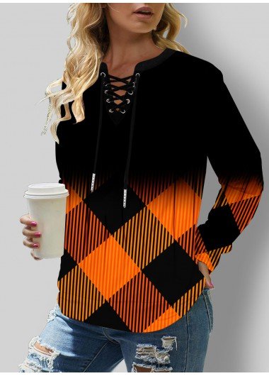 Lace Up Plaid Ombre Long Sleeve Sweatshirt