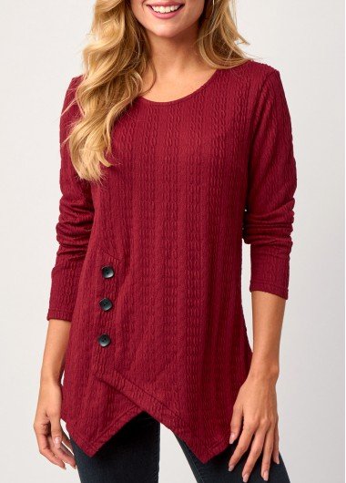 Wine Red Asymmetric Hem Long Sleeve Valentines Sweatshirt