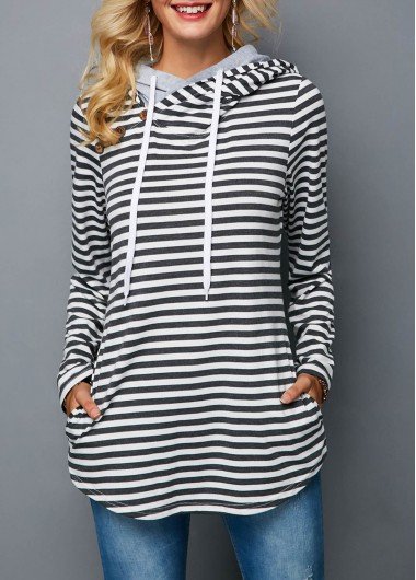 Decorative Button Stripe Print Long Sleeve Hoodie