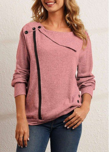 Decorative Button Pink Long Sleeve Sweatshirt