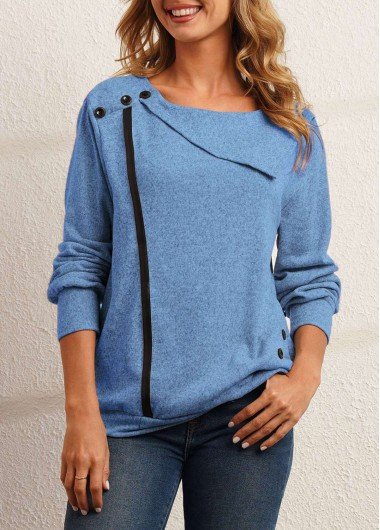 Decorative Button Blue Long Sleeve Sweatshirt