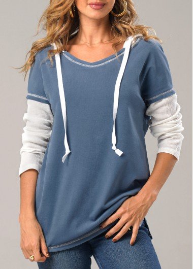 Dusty Blue Contrast Drawstring Long Sleeve Hoodie