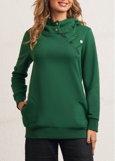 Zipper Detail Dark Green Long Sleeve Hoodie