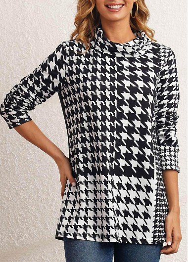 Houndstooth Print Black Cowl Neck Sweatshirt