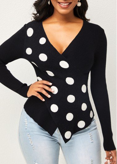 Cross Front Polka Dot Long Sleeve Sweater