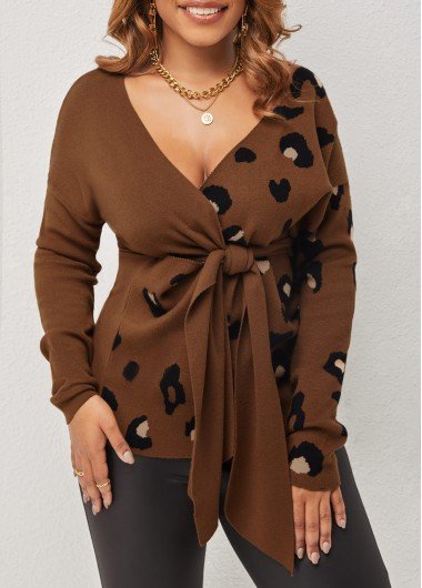 Leopard Brown Tie Front V Neck Sweater