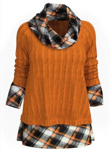 Twisted Pattern Plaid Cowl Neck Sweater