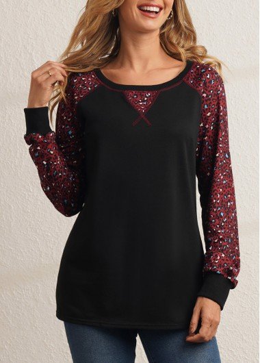 Leopard Black Round Neck Long Sleeve Sweatshirt