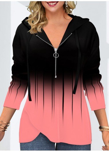 Quarter Zip Ombre Drawstring Long Sleeve Hoodie