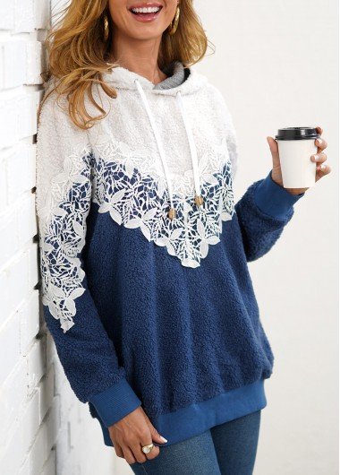 Lace Stitching Drawstring Detail Color Block Hoodie