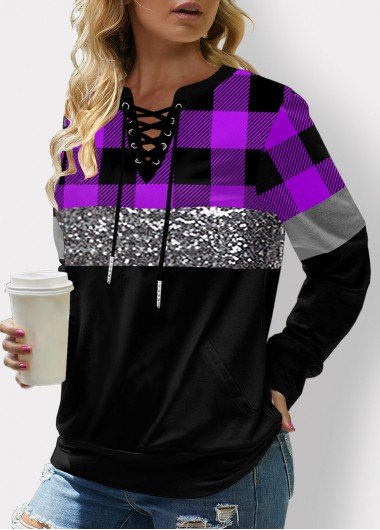 Lace Up Plaid Long Sleeve Sweatshirt