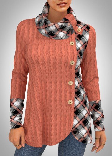 Twisted Pattern Plaid Cowl Neck Sweatshirt