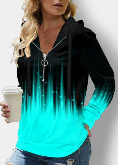 Quarter Zip Drawstring Ombre Long Sleeve Hoodie