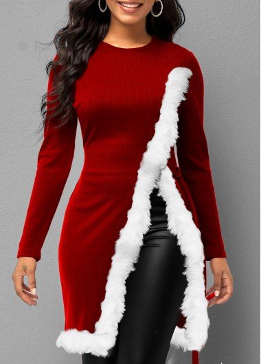 Faux Fur Christmas Design Side Slit T Shirt