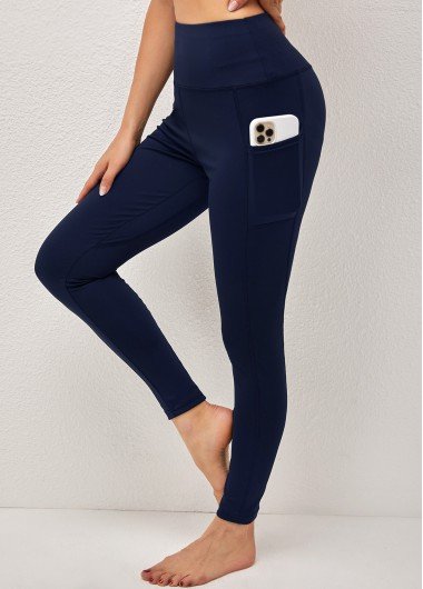 High Waist Skinny Navy Blue Stretch Fabric Pocket Pants