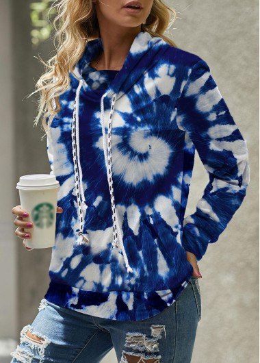 Tie Dye Print Cowl Neck Blue Sweatshirt