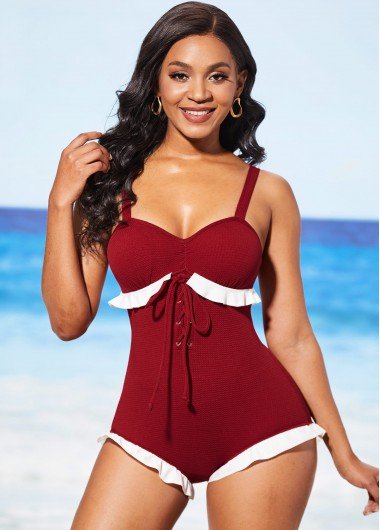 Lace Up Wine Red Flounce One Piece Swimwear