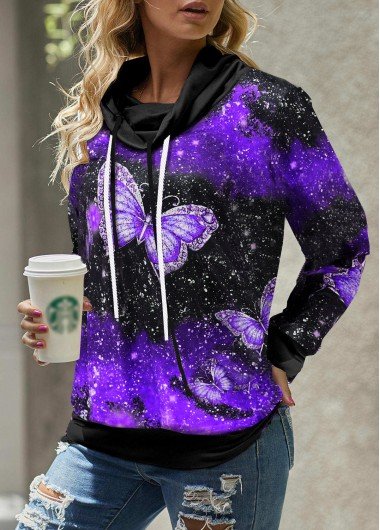 Drawstring Detail Butterfly Print Cowl Neck Sweatshirt