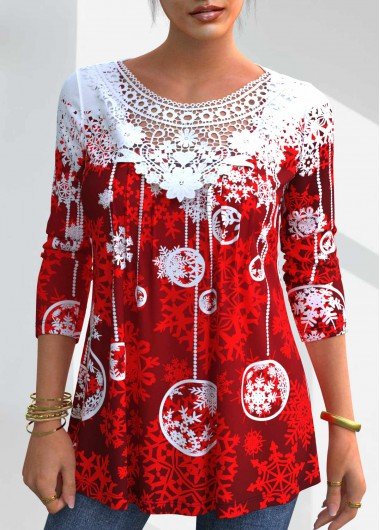 Christmas Snowflake Print Lace Stitching Red T Shirt