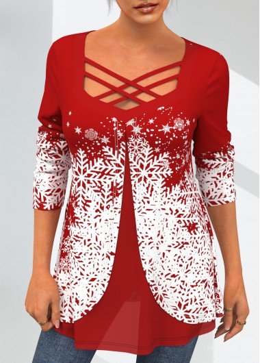 Christmas Snowflake Print Cross Strap Red T Shirt