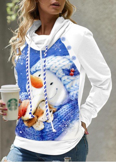 Cowl Neck Christmas Print White Long Sleeve Sweatshirt