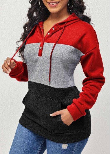 Red Contrast Kangaroo Pocket Drawstring Hoodie