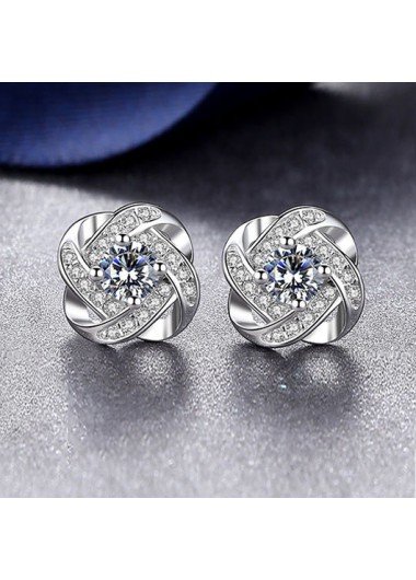 Rhinestone Detail Floral Design Silver Earrings