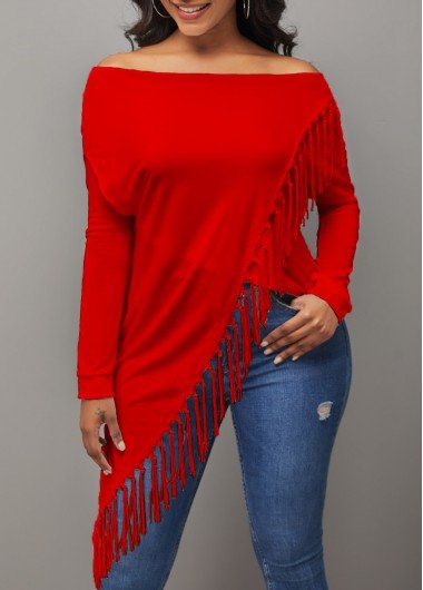 Off Shoulder Red Tassel Asymmetric Hem T Shirt