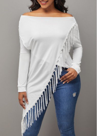 Tassel Asymmetric Hem Off Shoulder White T Shirt